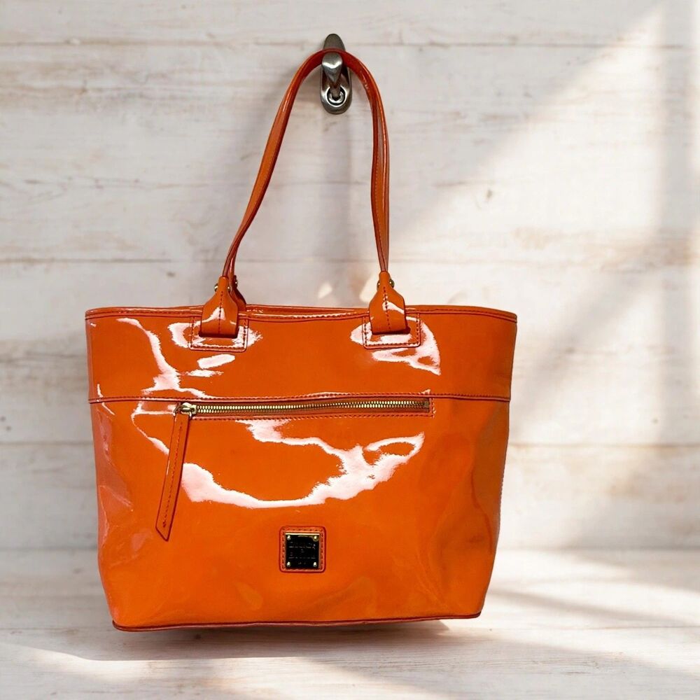 Dooney & Bourke Orange Patent Leather Tote Zip Top Bag Bold Citrus Preppy